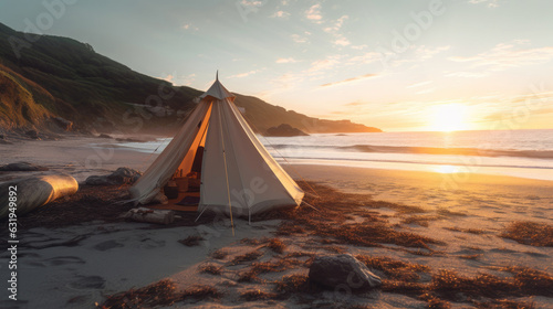 Camping adventure at the beach as the sunset