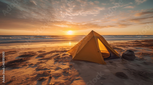 Camping adventure at the beach as the sunset