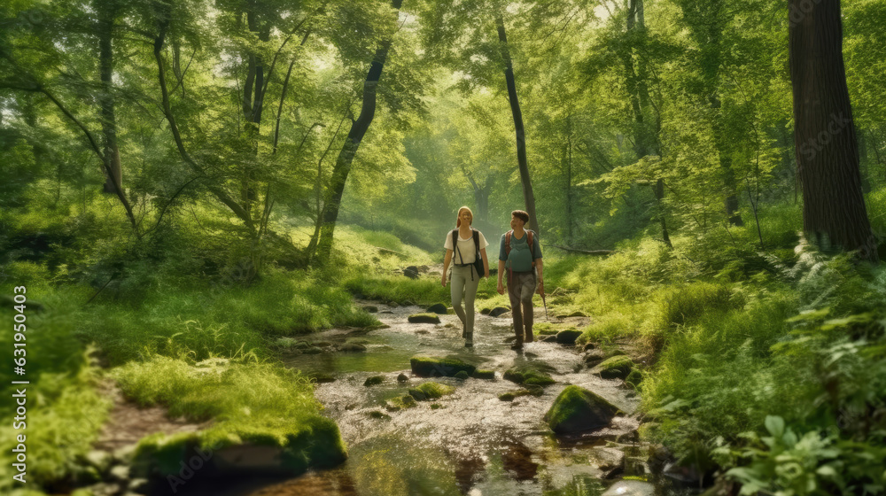 A young couple hiking through a picturesque forest, surrounded by lush greenery and a serene atmosphere