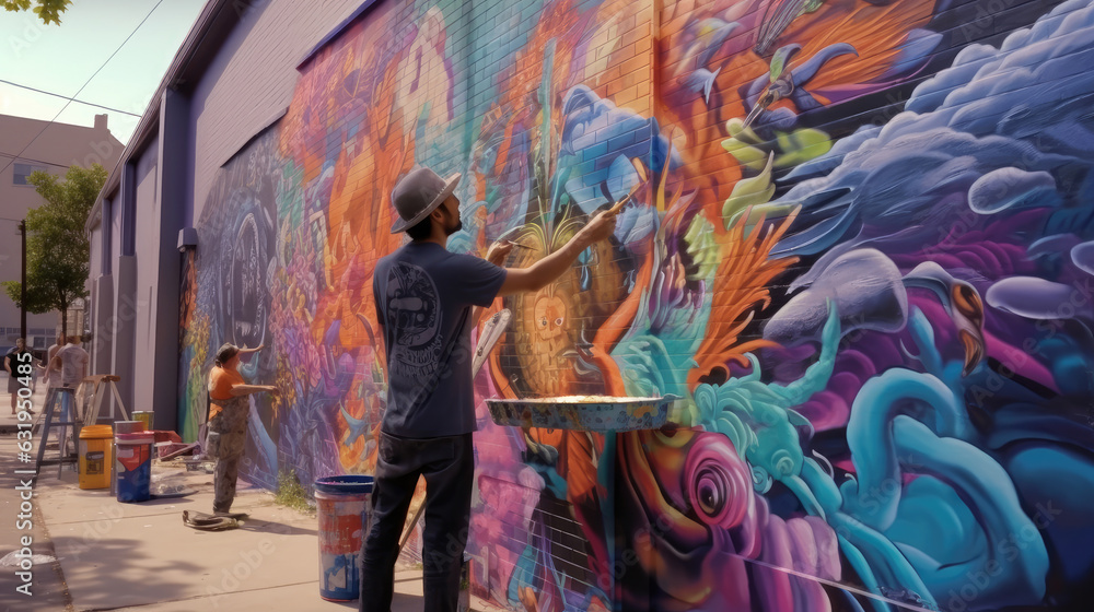 Fototapeta premium An artist painting a vibrant mural on the side of a building