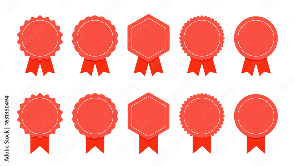 Medal set with ribbon. Red award badges. Achievement label. Winner Prize. Competition Trophy. Vector seal collection in flat style