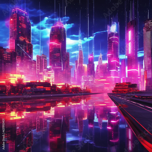 Futuristic city with neon vibrant lights background
