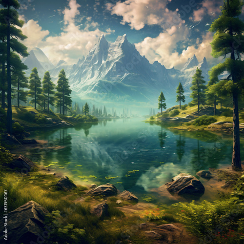 Tranquil forest peaks with blue sky and fresh greenery nature background