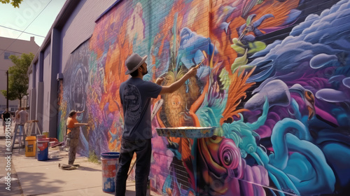 An artist painting a vibrant mural on the side of a building photo