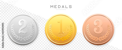Gold, Silver, Bronze medals set. Vector realistic badge with First, Second, Third placement. Round achievement label. Winner Prize. Competition Trophy