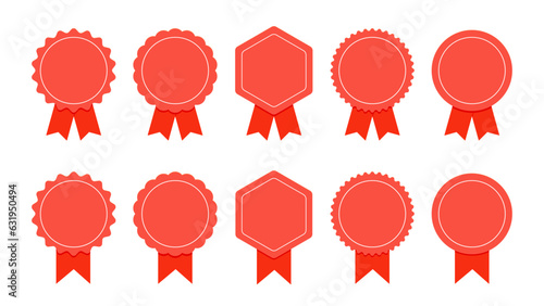Medal set with ribbon. Red award badges. Achievement label. Winner Prize. Competition Trophy. Vector seal collection in flat style