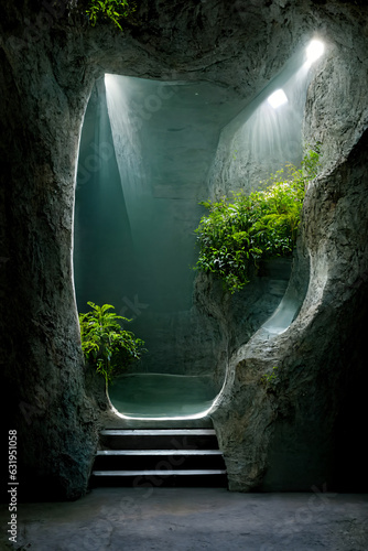 Futuristic unreal cave design by Álvaro Siza with concrete walls and forest bushes background mock-up
 photo