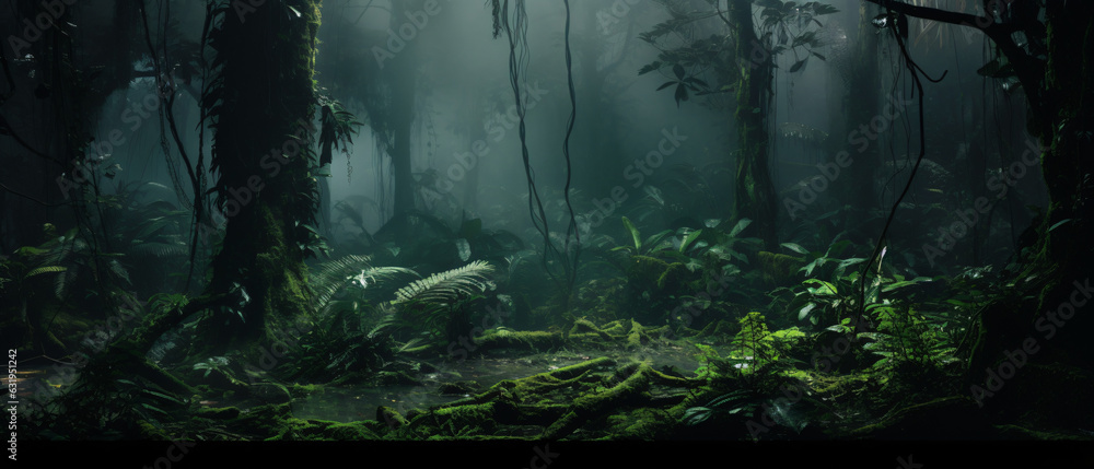 Forest woodland image during a rainy day with undergrowth shrubs and beautiful misty background mock-up