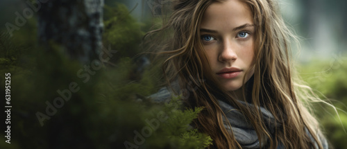 Mysterious woman with dark hair and green eyes in forestry background mock-up