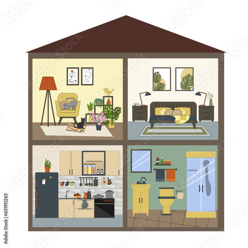 Sectional house for dolls. Vector flat illustration with outline. Living room and bedroom, bathroom and kitchen. For covers and brochures, games for kids, advertising flyers, posters, social networks 