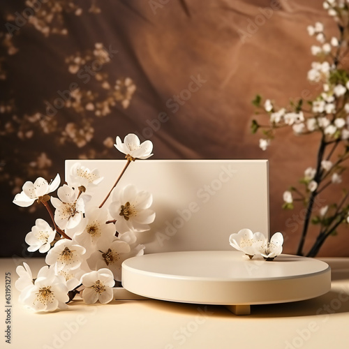 Decorative podiums with white cherry blossoms 
