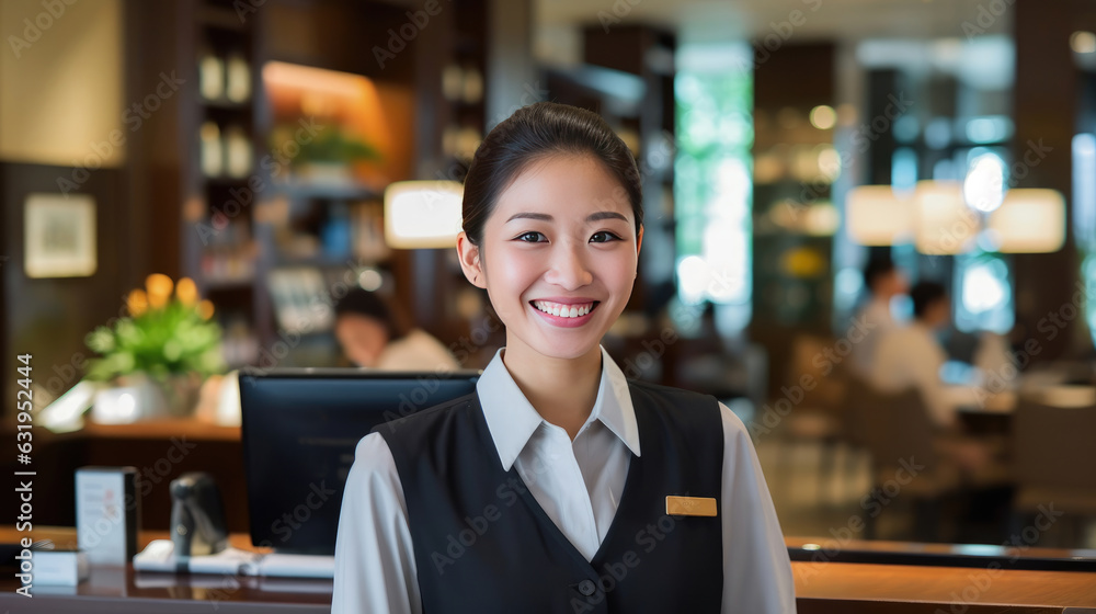Close-up of a female hotel front desk clerk expertly handling a phone call Close-up of a female hotel front desk clerk expertly handling a phone call