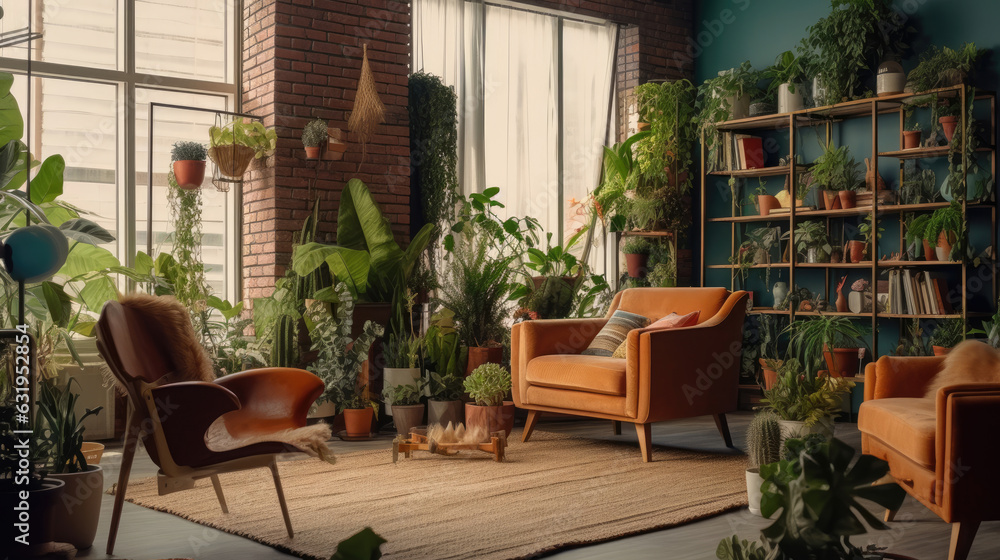 Fototapeta premium A modern living room adorned with lush indoor plants