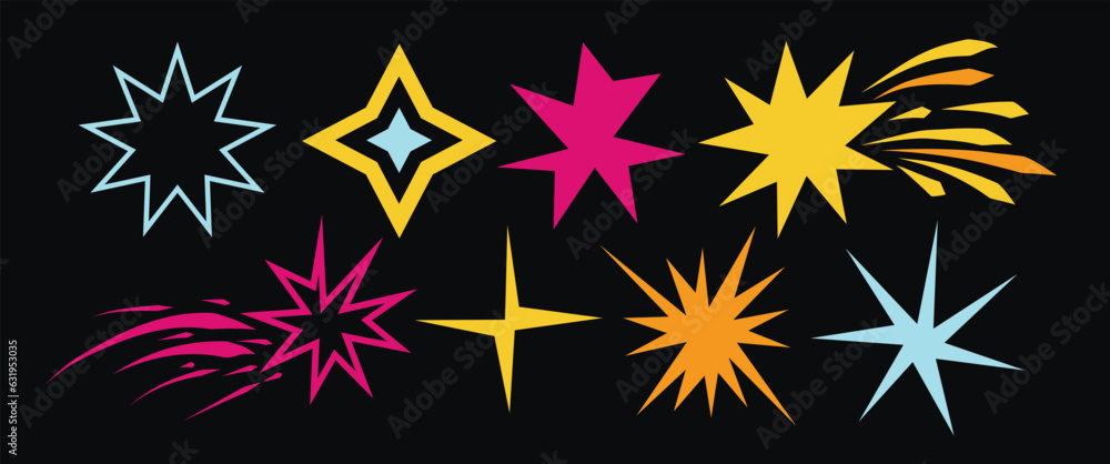 Stars of different shapes. The star flies across the sky. starry sky. Colored abstract graphic elements. Cartoon elements in retro style. vector illustration. funny stickers. Star collection Stars of different shapes. The star flies across the sky. starry sky. Colored abstract graphic elements. Cartoon elements in retro style. vector illustration. funny stickers. Star collection
