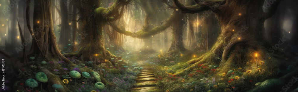A beautiful fairytale enchanted forest with big trees and great vegetation. Digital painting background created with Generative AI technology