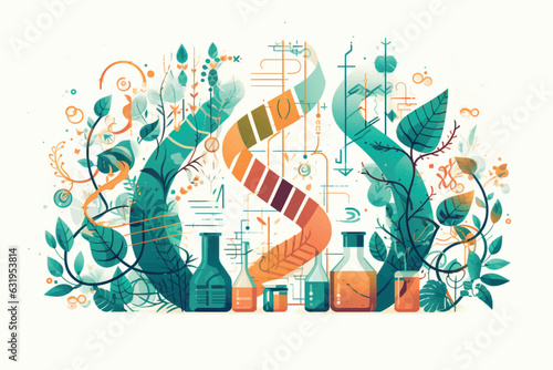 Biology laboratory nature and science plant and environment. Green fresh plant in glass test tube in laboratory on white background. Vector graphic