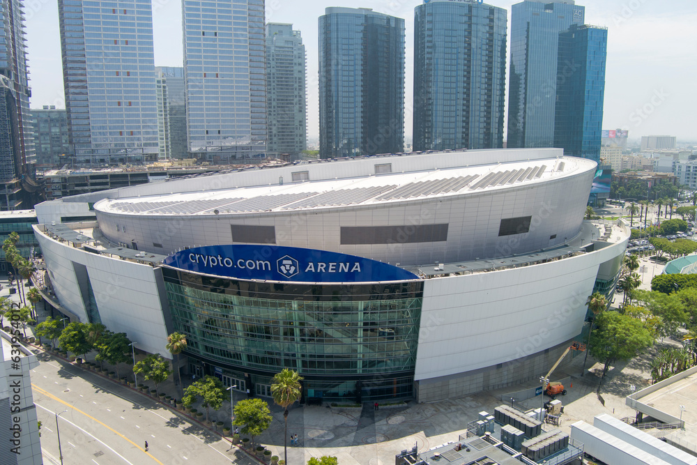 Crypto.com Arena with skyscrapers, hotels and office buildings in the