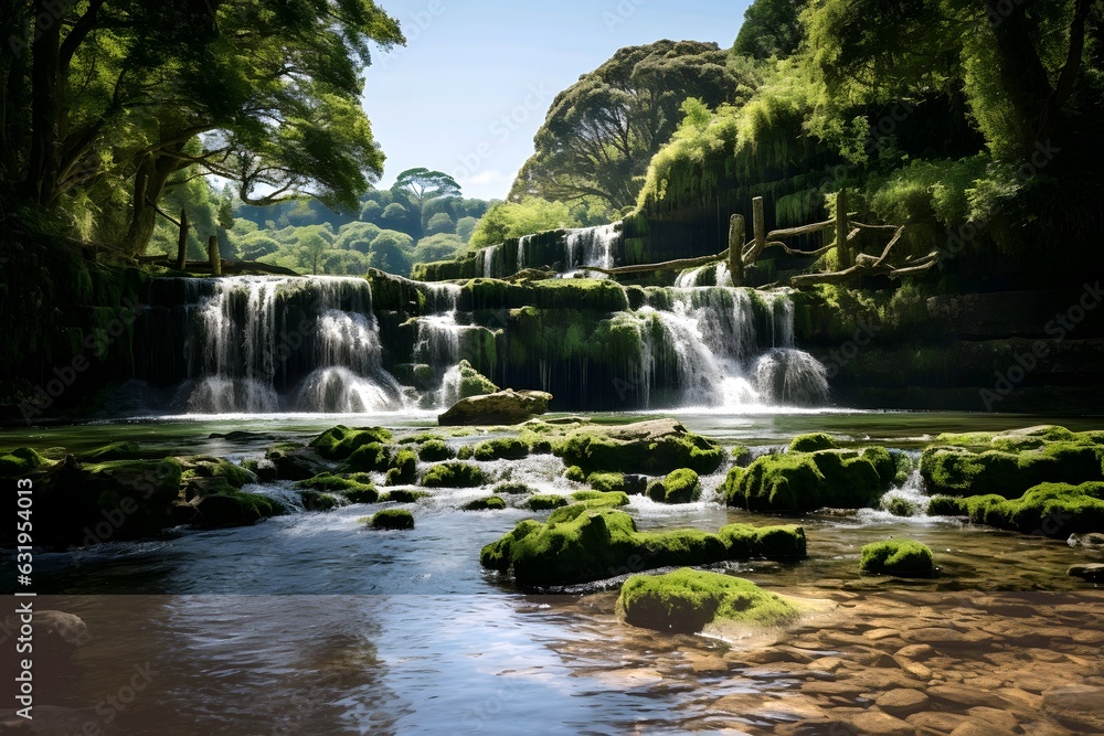 Naklejka premium Clean river in the forest with green moss background