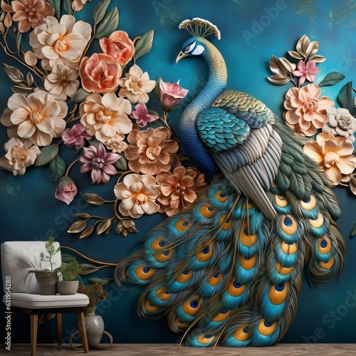 Luxury Flowers with Peacock Illustration Background. 3D Interior Mural Painting and wall art Decor generative ai