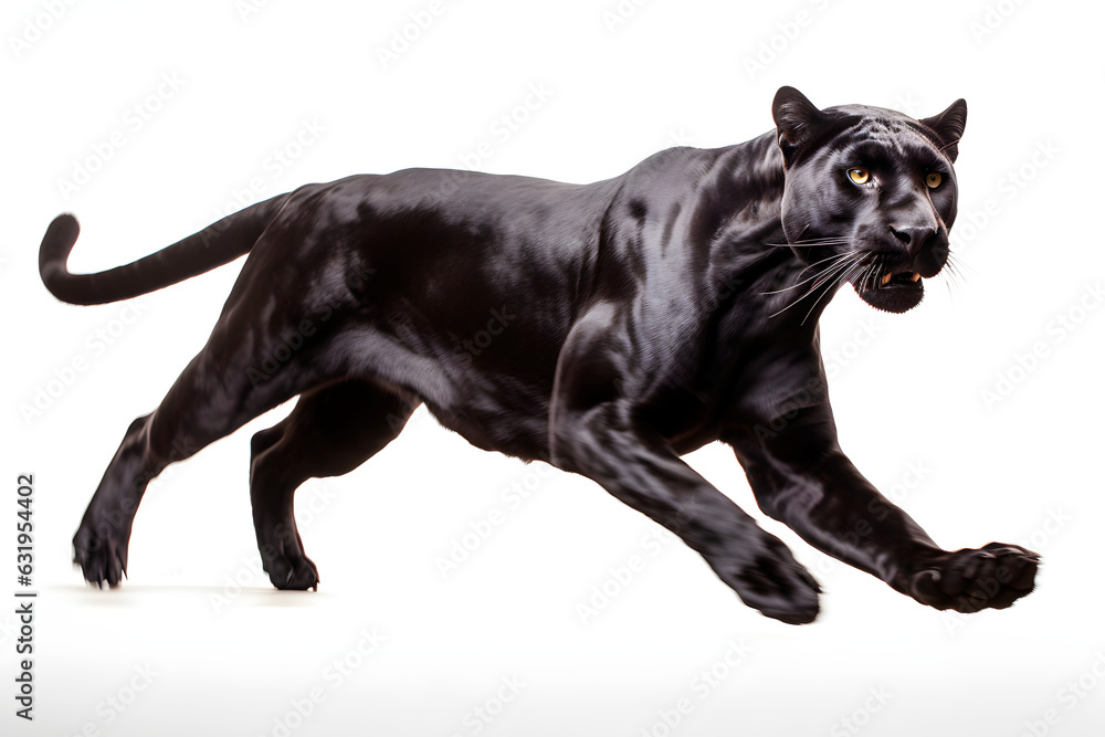 Panther isolated on a white background jumping. Animal side view.