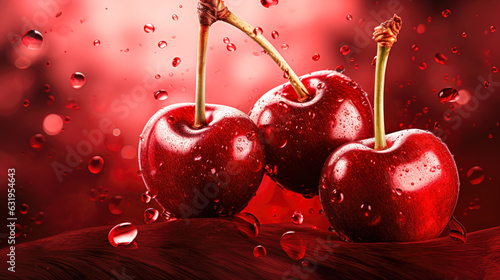 Cherry Splash A Dynamic Image of Three Fresh and Ripe Cherries Splashing Water on a Red Background AI Generative