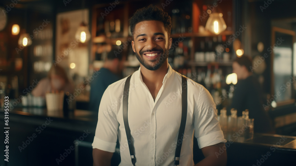 A young black smiling bartender or waiter standing in front of a bar and wearing suspenders.