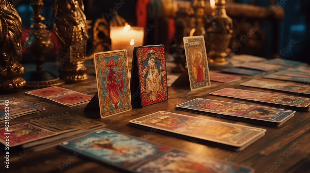 Close-up of symbolism of tarot cards on the table