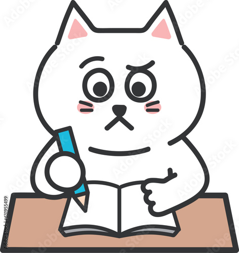 White cat having a dubious face with a pencil and notebook, vector illustration.