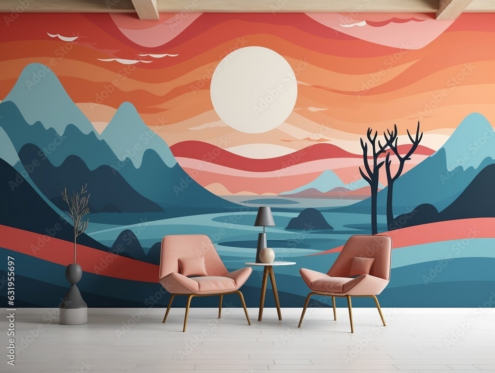 3d abstraction modern wall art decor wallpaper with blue and golden deer animals with sunset mountain and trees illustration background generative ai
