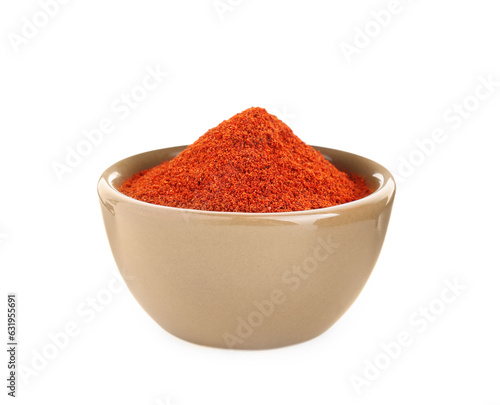 Bowl with aromatic paprika powder isolated on white