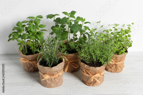 Different aromatic potted herbs on white wooden table