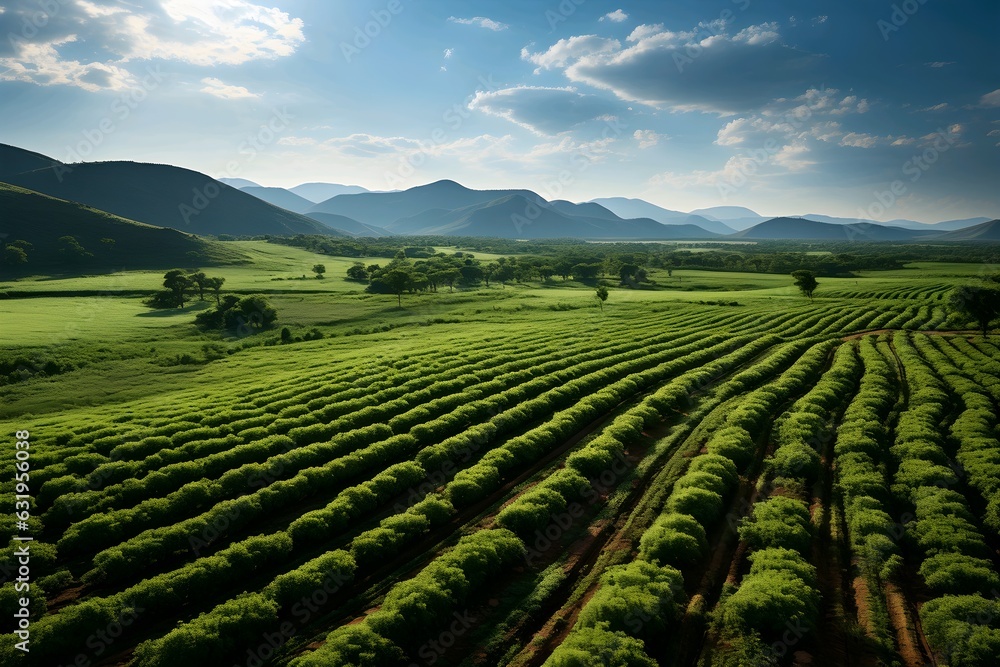 Landscape of green tea plantations in the mountains