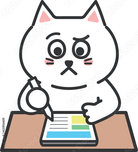 White cartoon cat having a dubious face using a tablet PC, vector illustration.
