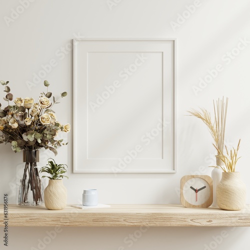 Mockup poster frame close up and accessories decor in cozy white interior background. © Vanit่jan