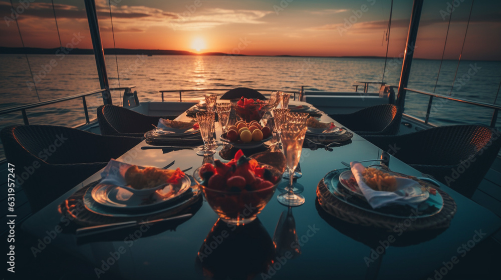 AI generated concept of a dinner on a yacht at in island in greece - obrazy, fototapety, plakaty 