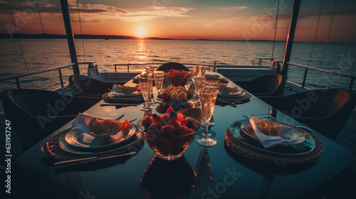 AI generated concept of a dinner on a yacht at in island in greece