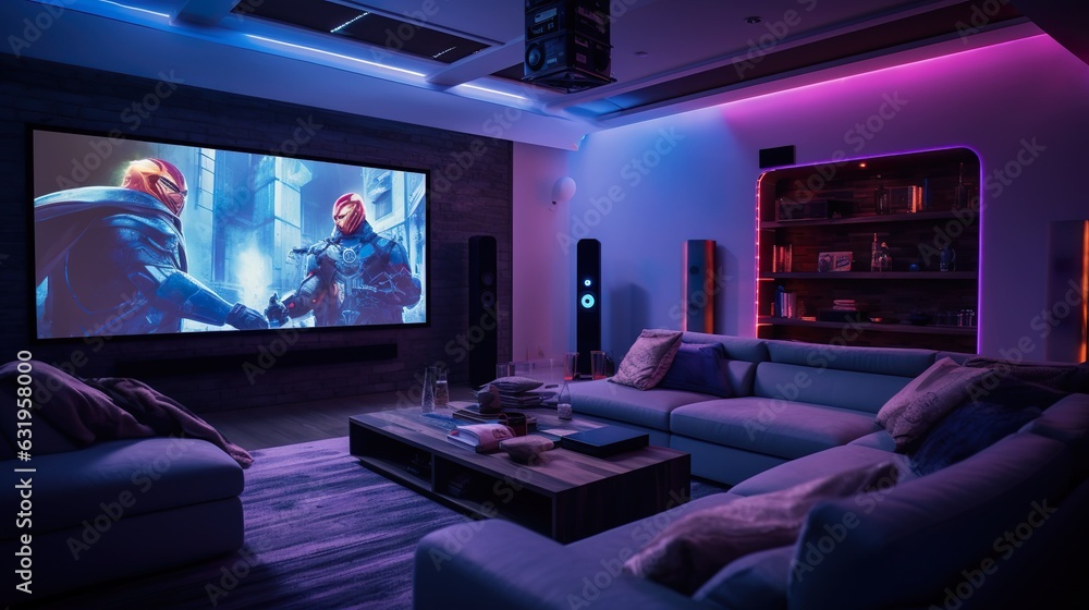 Colored LED lighting home cinema living room interior 스톡 사진 Adobe Stock