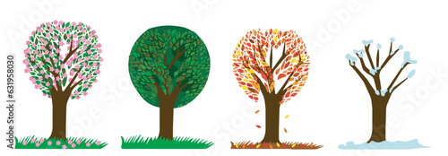Beautiful trees representing the four seasons, spring, summer, autumn and winter. Vector illustration isolated on transparent background.
