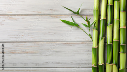 Green bamboo stems on white wooden background  top view. Space for text