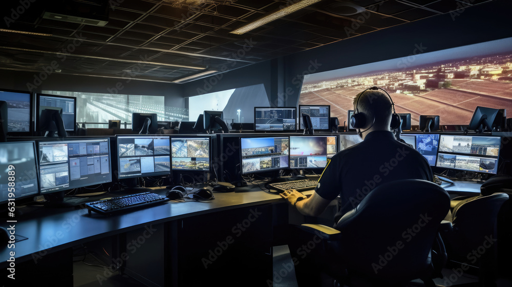 A control room central monitor with multiple monitors A control room central monitor with multiple monitors