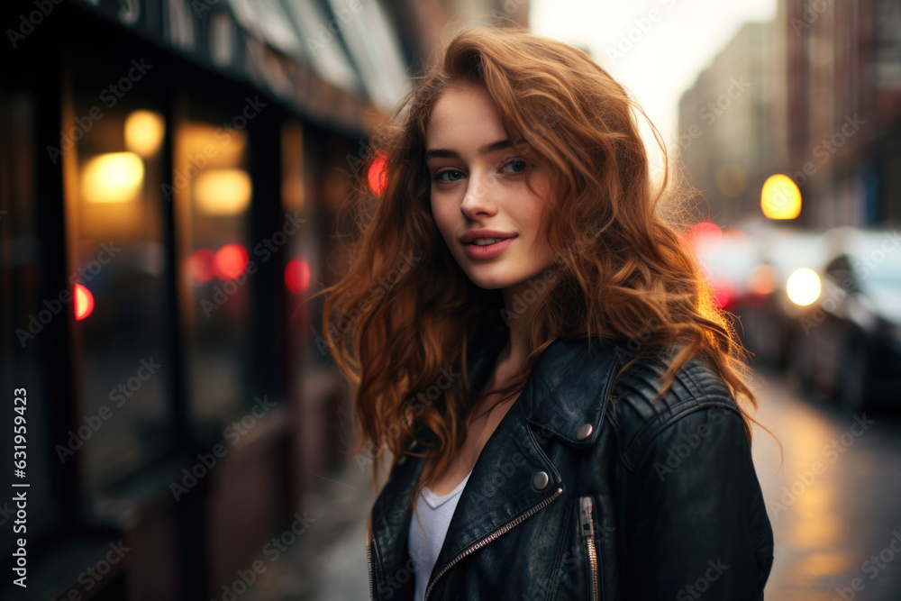 Portrait of a Woman with red hair on a busy street, wearing a black leather jacket and a white shirt Portrait of a Woman with red hair on a busy street, wearing a black leather jacket and a white shirt