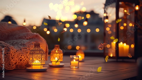  evening  winter terrace  outside ,blurred lantern c andle light, soft sofa ,cozy atmosfear Christmas decorated  illuminated  decoration
