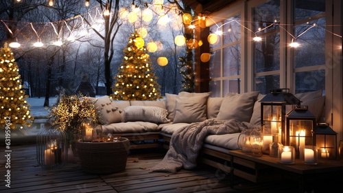  evening  winter terrace  outside ,blurred lantern c andle light, soft sofa ,cozy atmosfear Christmas decorated  illuminated  decoration photo