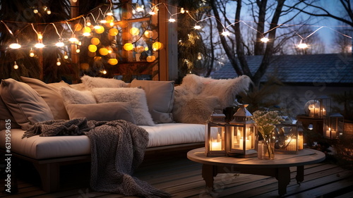 Autumn evening  terrace  outside ,blurred lantern c andle light, soft sofa ,cozy atmosfear Christmas decorated  illuminated  decoration photo