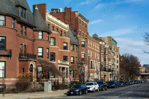 Old residential buildings alongside Commonwealth Avenue, Boston city, Massachusetts, USA