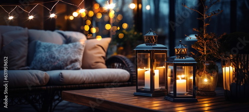  evening  winter terrace  outside ,blurred lantern c andle light, soft sofa ,cozy atmosfear Christmas decorated  illuminated  decoration photo