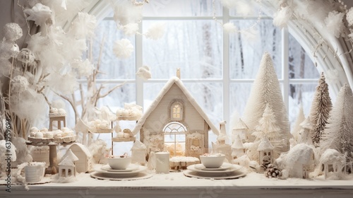 Fantastic Shot of some Decorations on the Top of a White Desk and as a Background a Huge Window with the Snow Everywhere!