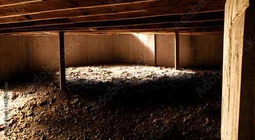 Dirt crawl space under house with wood beams and ceiling frames