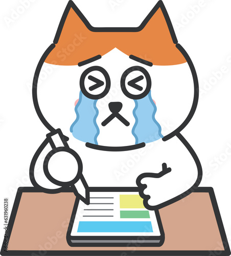 The crying tabby cat can't keep up with the classes with a tablet PC, vector illustration.