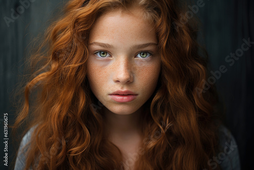 Girl with long curly red hair, green eyes